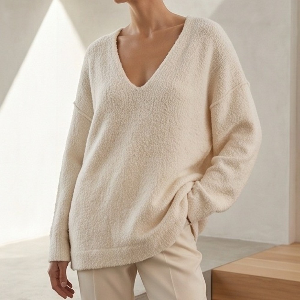 Free People S Boucle V-Neck Oversized Sweater Cream‎ White Alpaca Blend Oversize